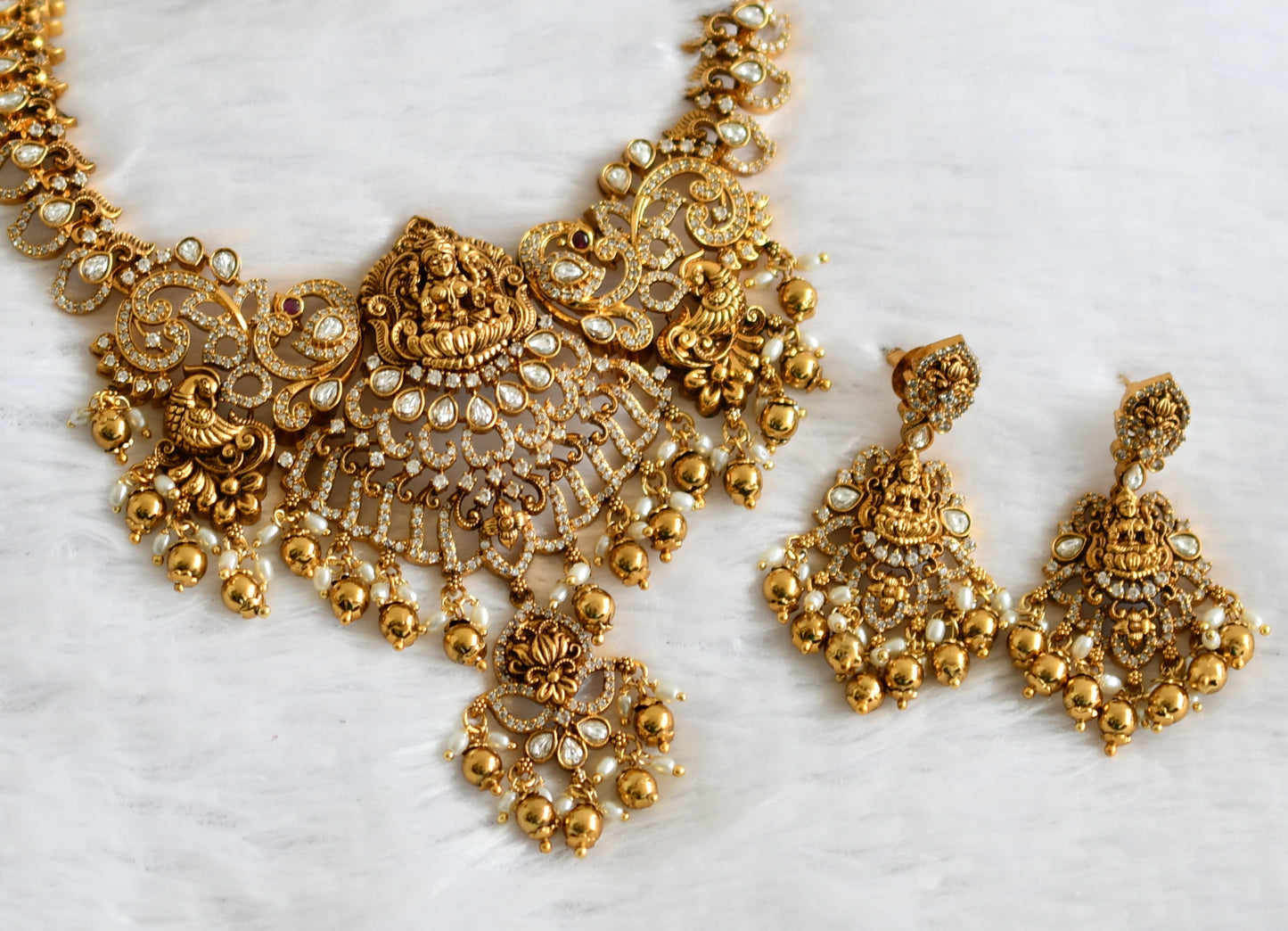 Antique gold tone cz white lakshmi peacock mango necklace set dj-50838