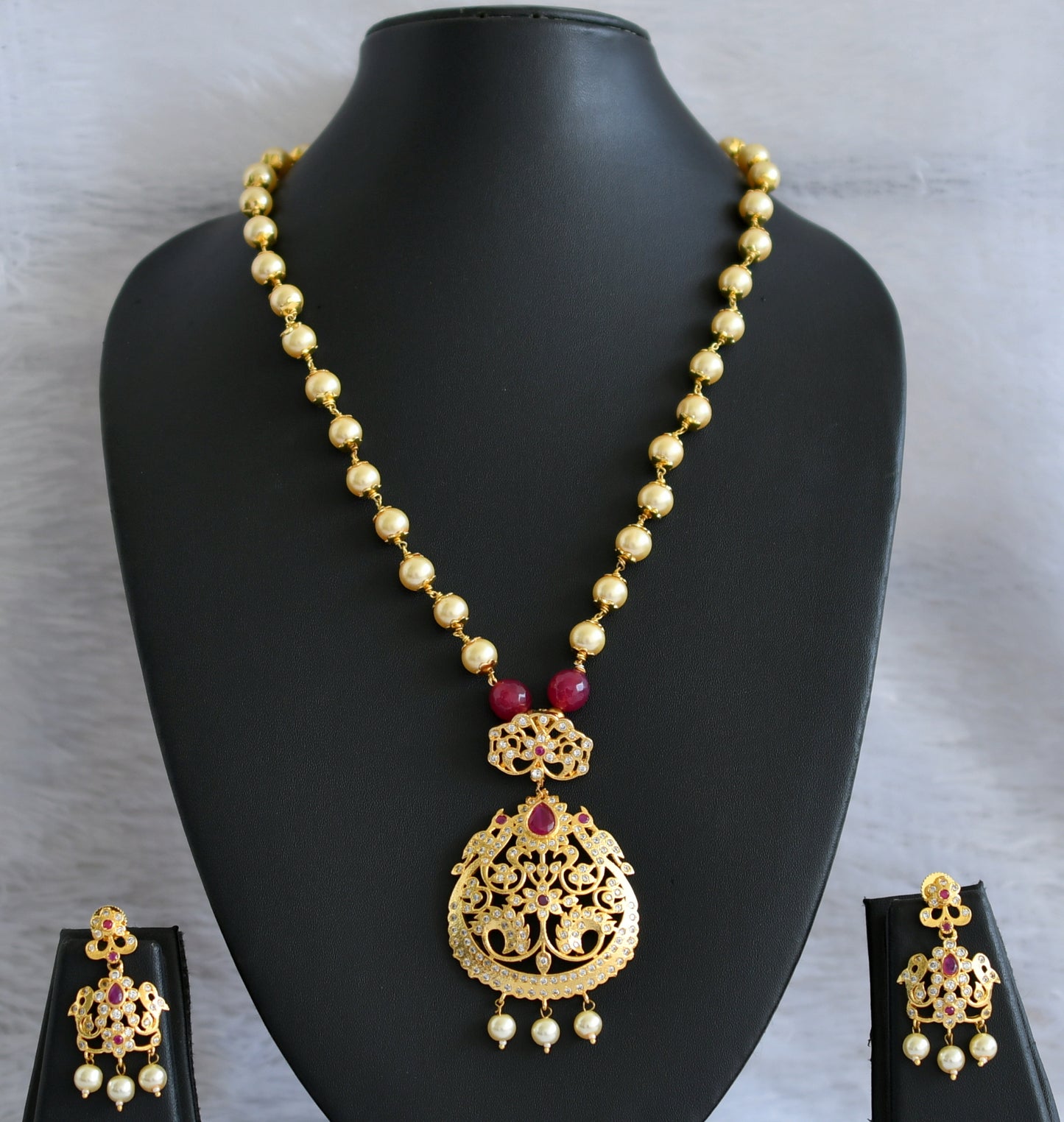 Gold tone ruby-white peacock pearl chain necklace set dj-47065