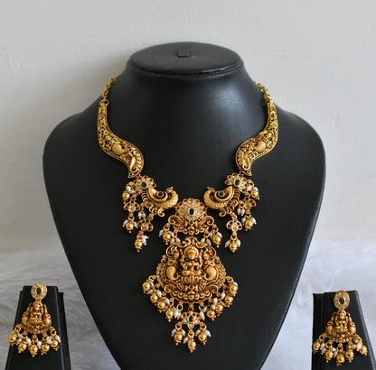 Antique gold tone kemp-green-white lakshmi peacock necklace set dj-50837