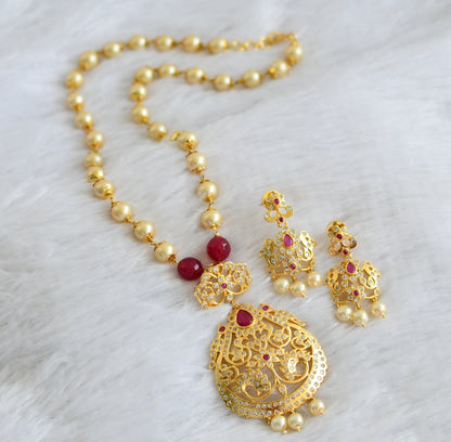 Gold tone ruby-white peacock pearl chain necklace set dj-47065