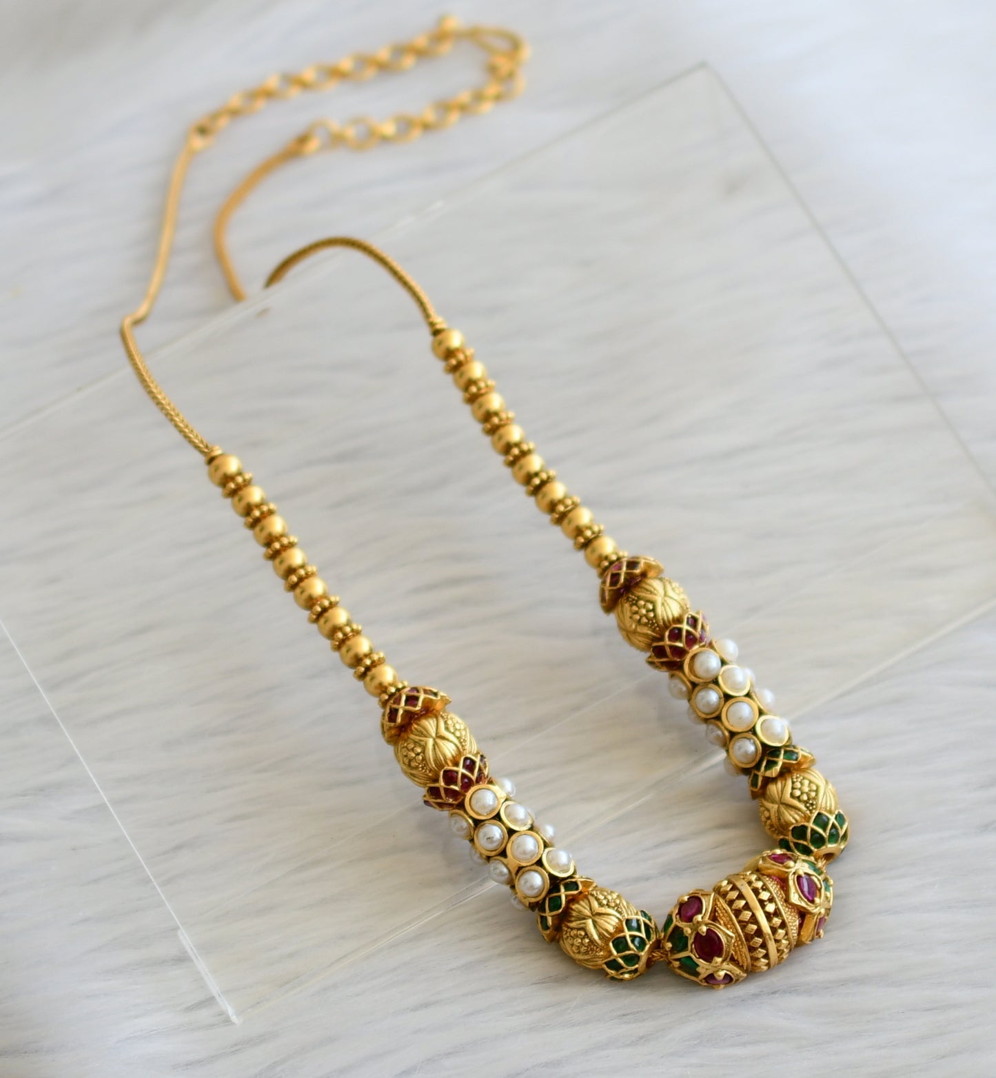 Matte finish kemp-green-pearl beaded chain/necklace dj-45429