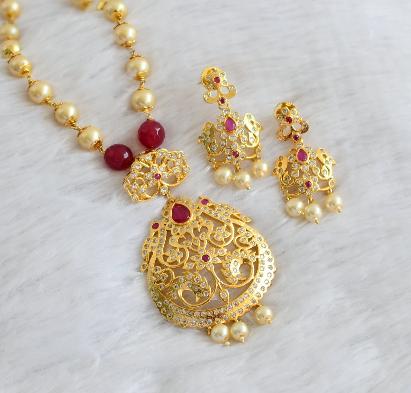 Gold tone ruby-white peacock pearl chain necklace set dj-47065