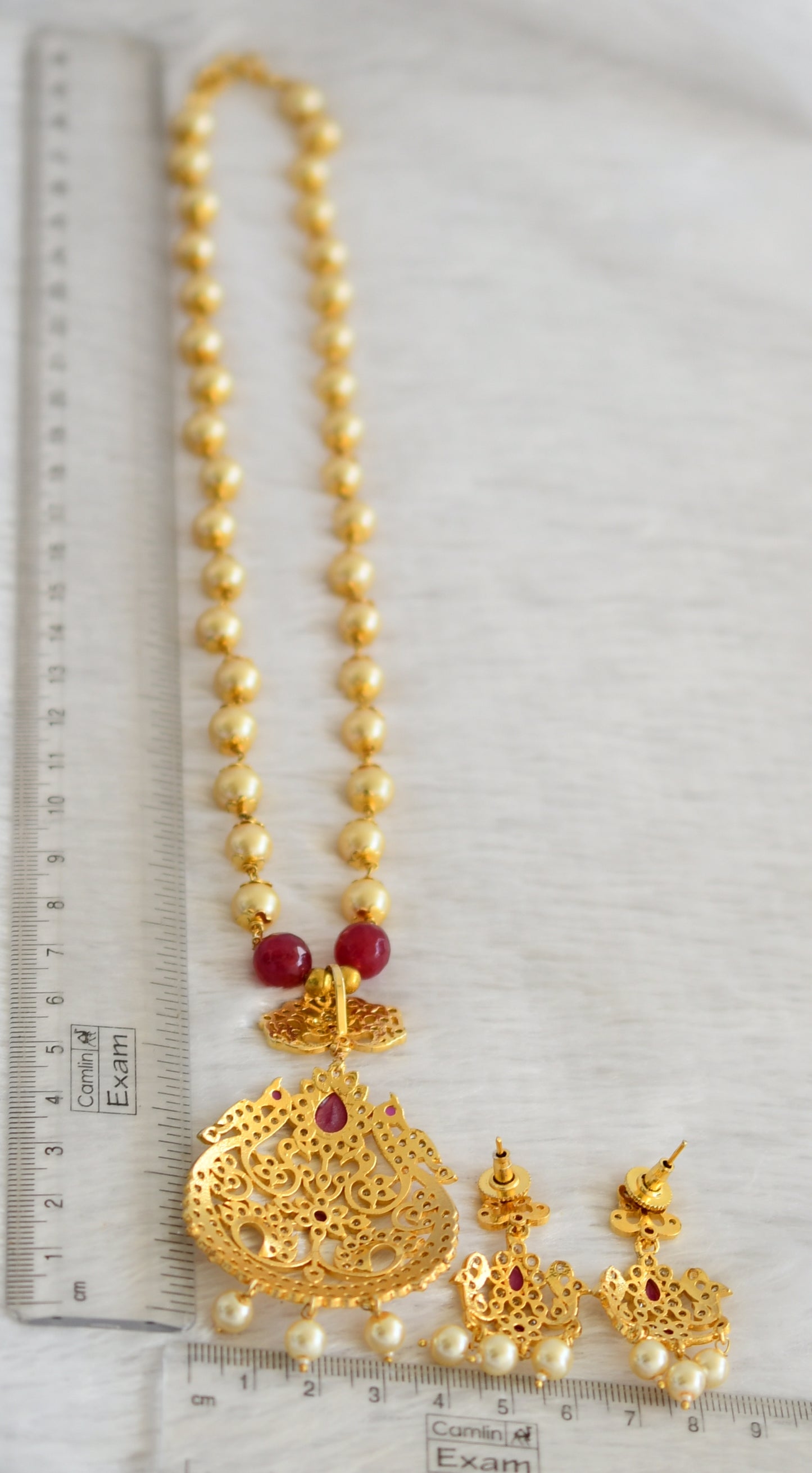 Gold tone ruby-white peacock pearl chain necklace set dj-47065