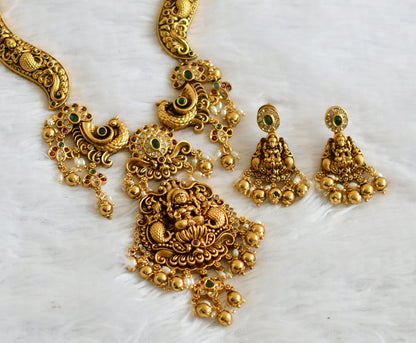 Antique gold tone kemp-green-white lakshmi peacock necklace set dj-50837