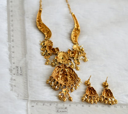 Antique gold tone kemp-green-white lakshmi peacock necklace set dj-50837