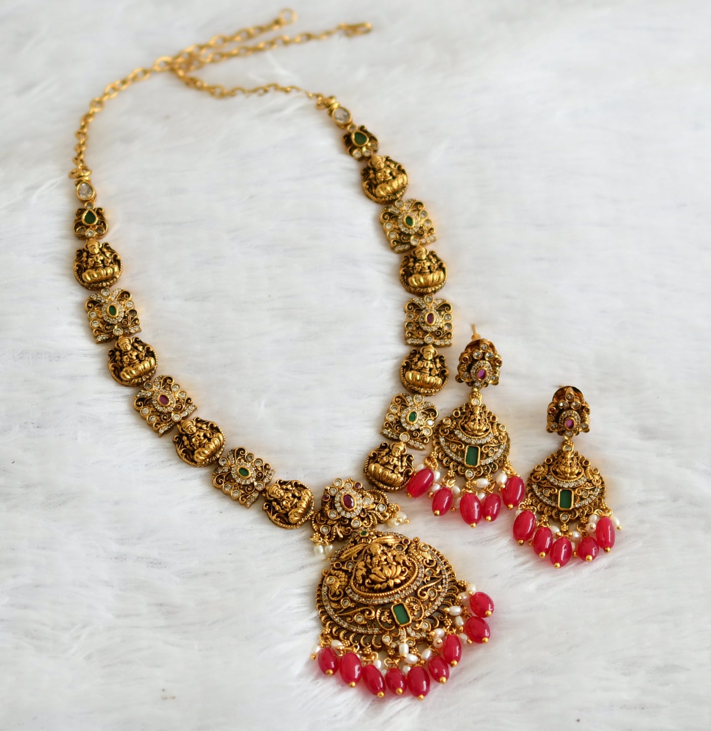 Antique gold tone ruby-green-white lakshmi pink bead necklace set dj-50842