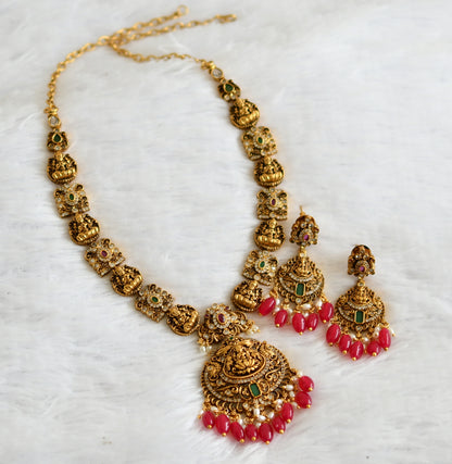 Antique gold tone ruby-green-white lakshmi pink bead necklace set dj-50842