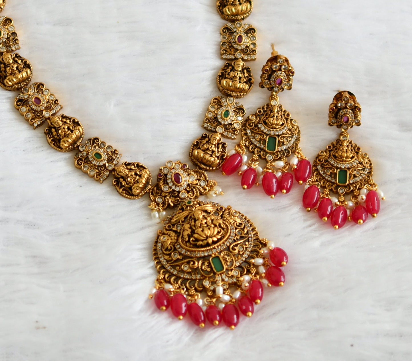 Antique gold tone ruby-green-white lakshmi pink bead necklace set dj-50842