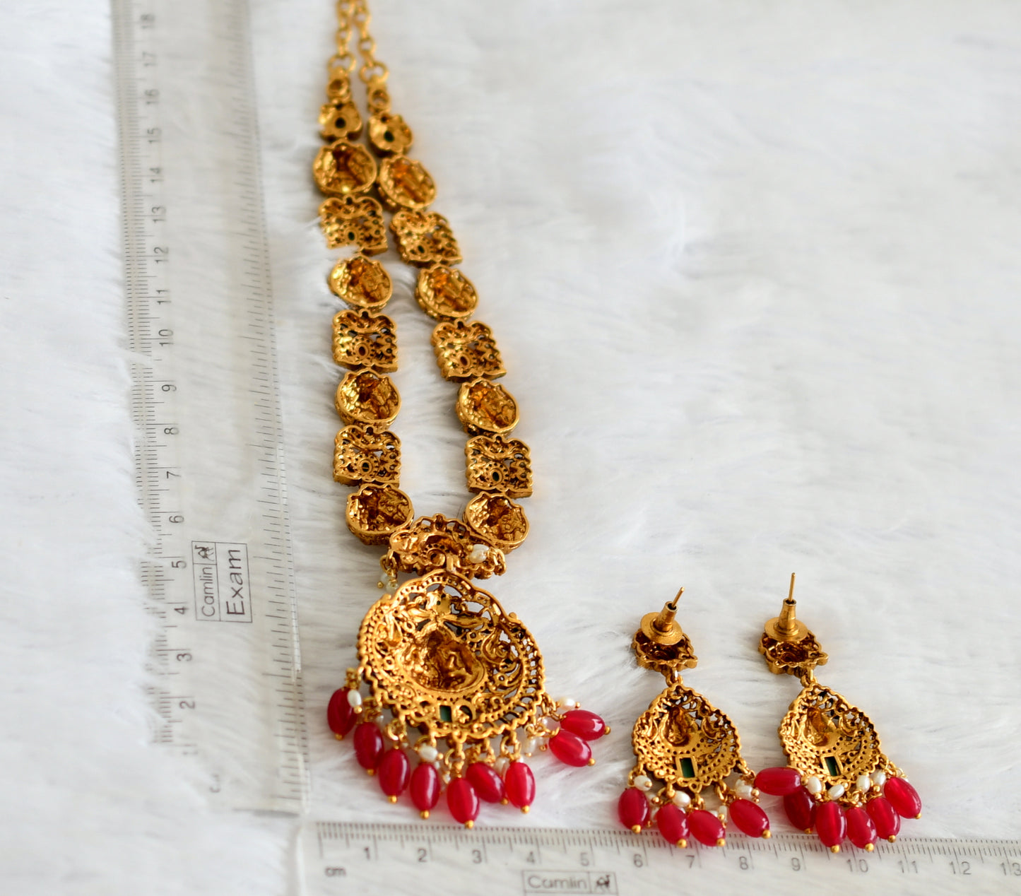 Antique gold tone ruby-green-white lakshmi pink bead necklace set dj-50842