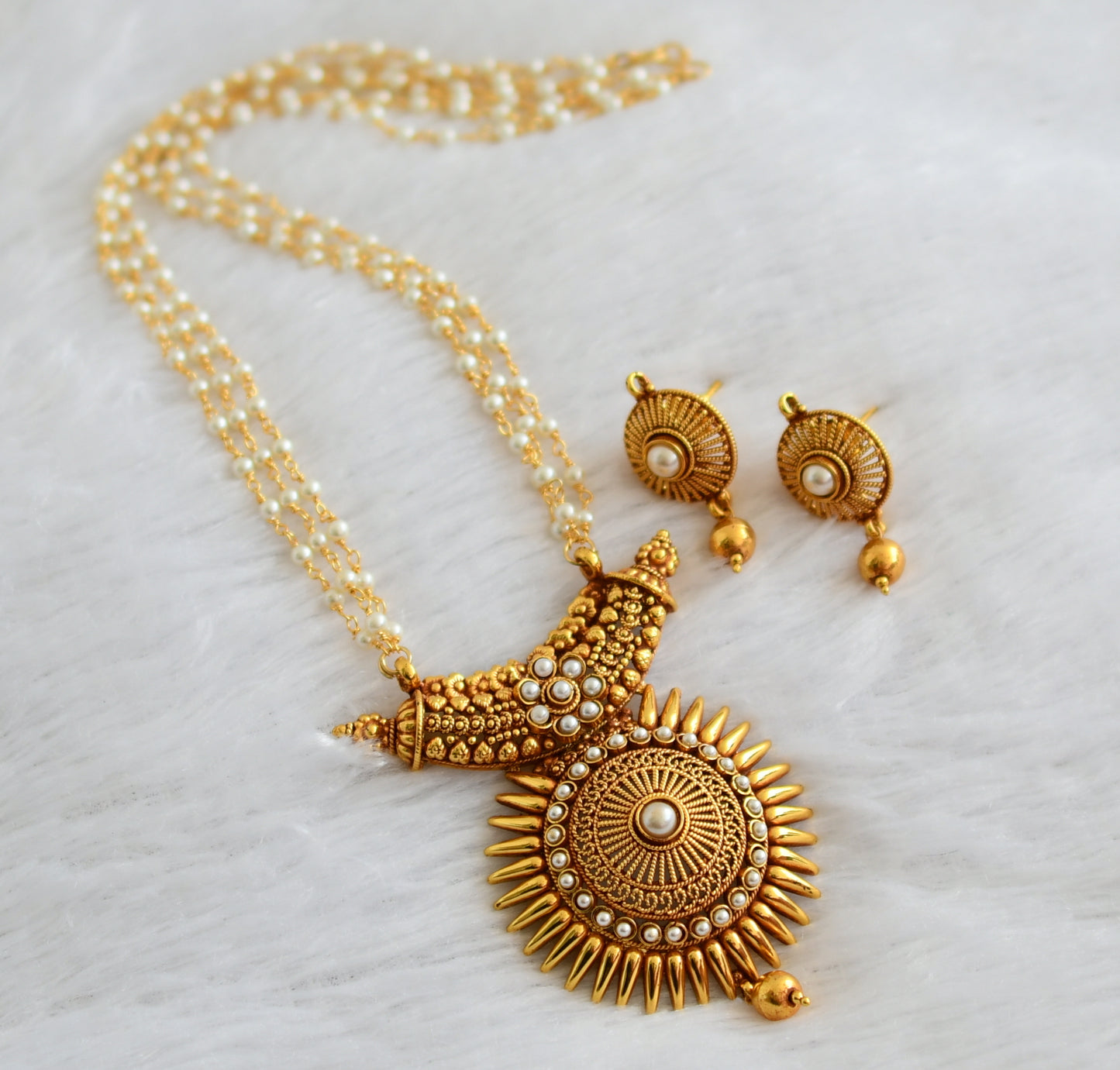 Antique gold tone pearl stone necklace set dj-47108