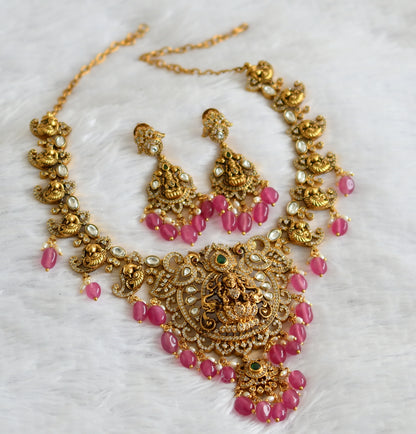 Antique gold tone kemp-green-white lakshmi peacock pink bead necklace set dj-50844