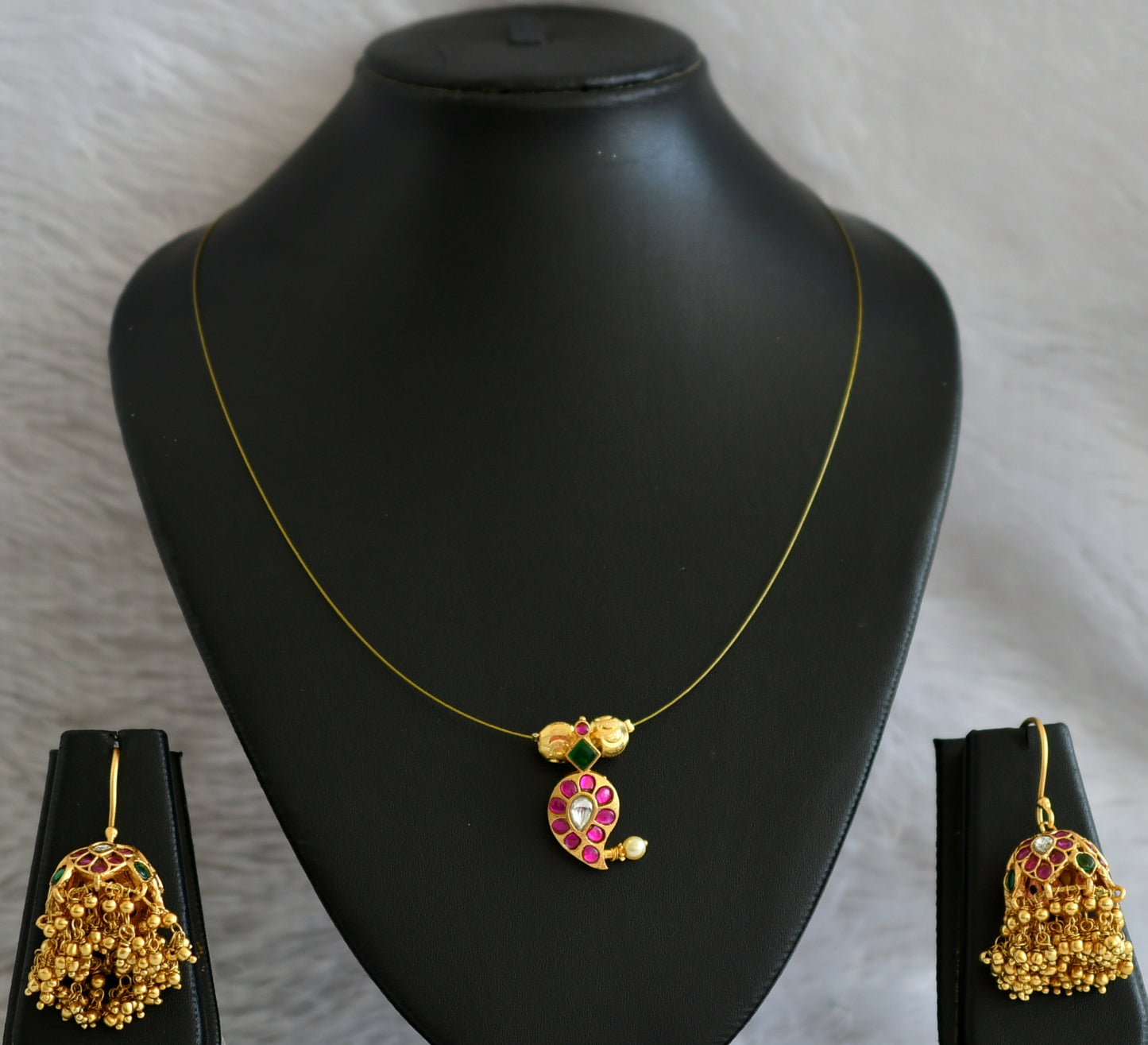 Matte finish pink-green-white kundan jadau mango necklace set dj-47101