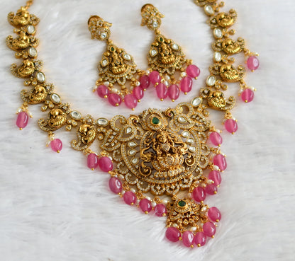 Antique gold tone kemp-green-white lakshmi peacock pink bead necklace set dj-50844