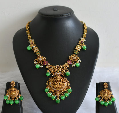 Antique gold tone ruby-green-white lakshmi peacock green bead necklace set dj-50840