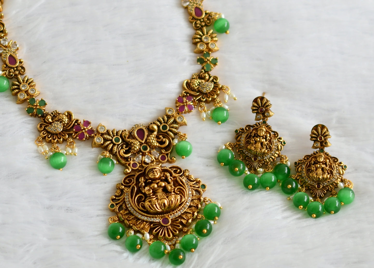 Antique gold tone ruby-green-white lakshmi peacock green bead necklace set dj-50840