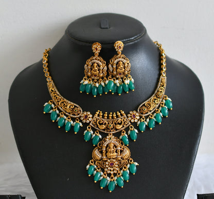 Antique gold tone ruby-green-white lakshmi peacock green bead necklace set dj-50839