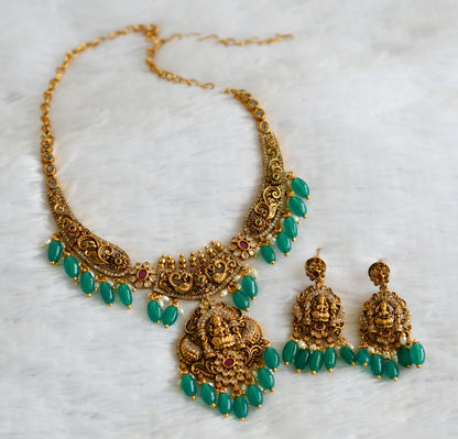 Antique gold tone ruby-green-white lakshmi peacock green bead necklace set dj-50839