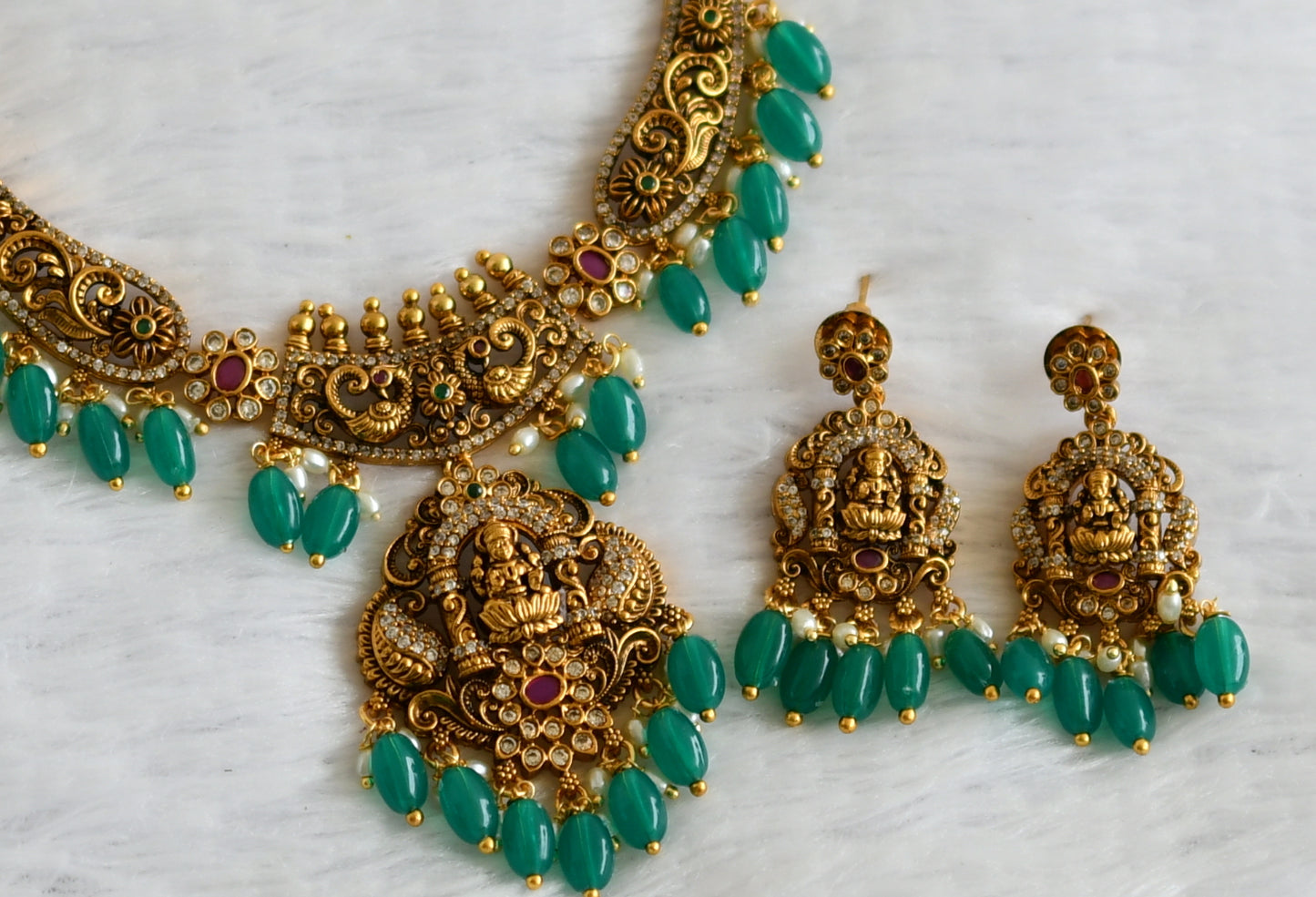 Antique gold tone ruby-green-white lakshmi peacock green bead necklace set dj-50839