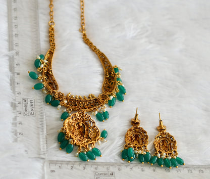 Antique gold tone ruby-green-white lakshmi peacock green bead necklace set dj-50839