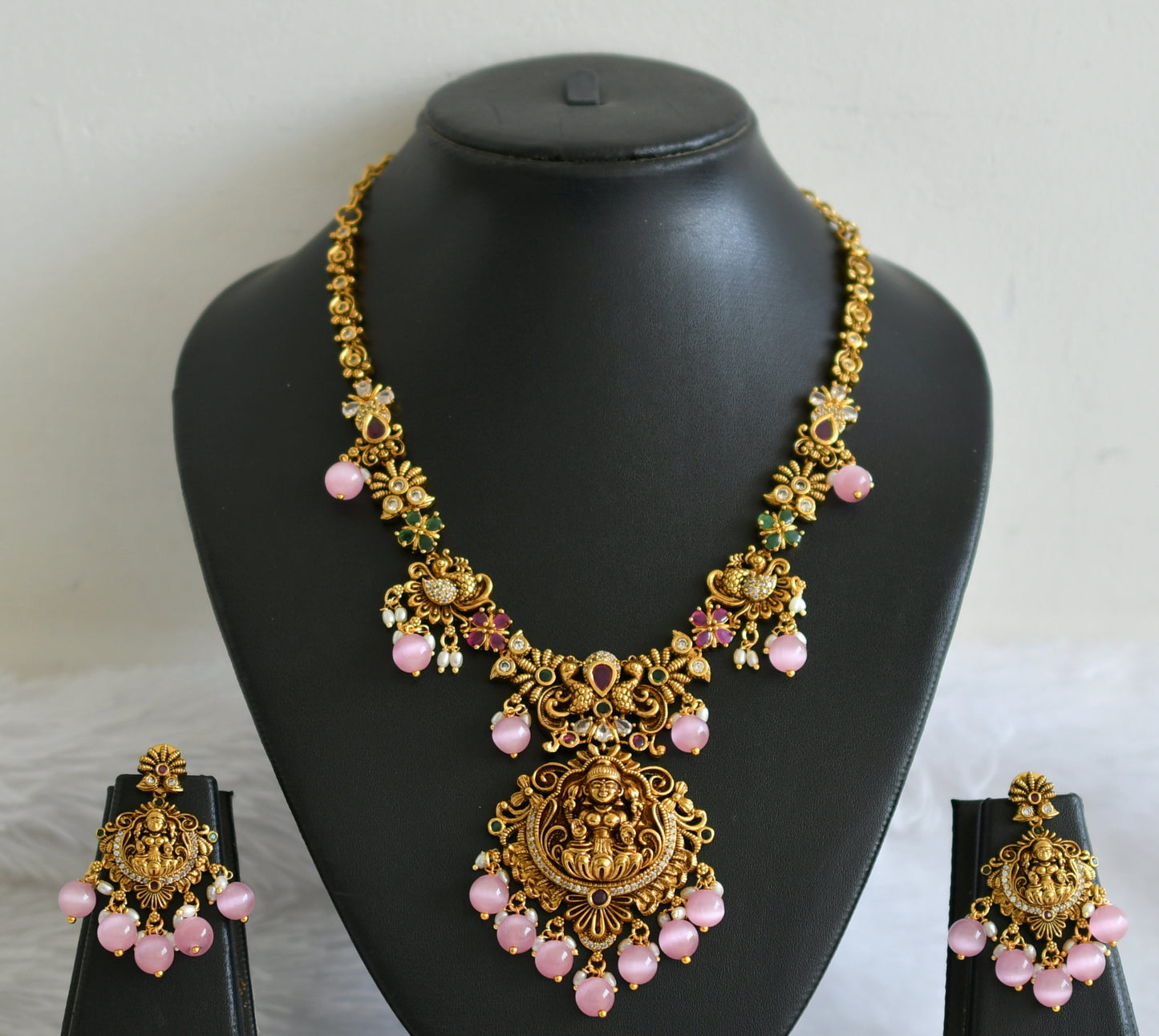 Antique gold tone ruby-green-white lakshmi peacock baby pink bead necklace set dj-50841