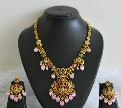 Antique gold tone ruby-green-white lakshmi peacock baby pink bead necklace set dj-50841