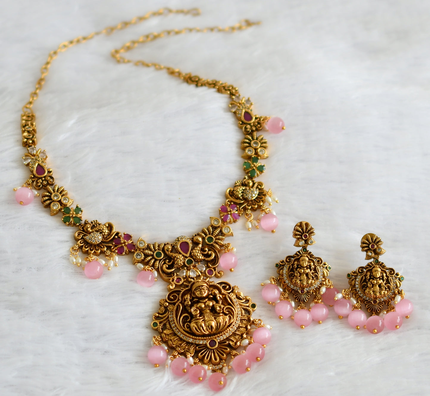Antique gold tone ruby-green-white lakshmi peacock baby pink bead necklace set dj-50841