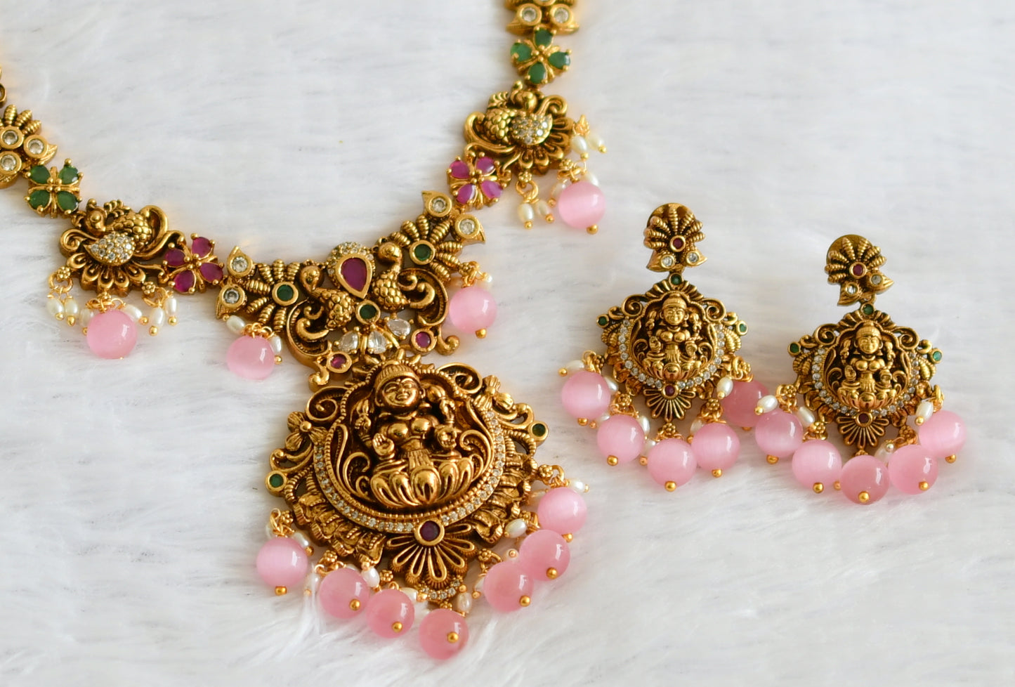 Antique gold tone ruby-green-white lakshmi peacock baby pink bead necklace set dj-50841