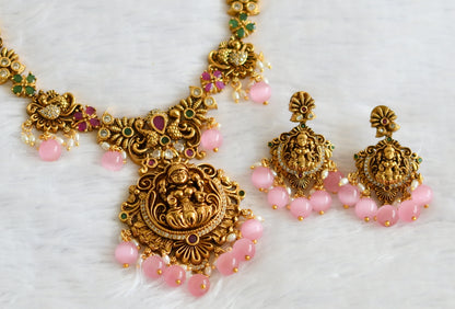 Antique gold tone ruby-green-white lakshmi peacock baby pink bead necklace set dj-50841