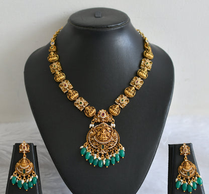 Antique gold tone ruby-green-white lakshmi green bead necklace set dj-50843