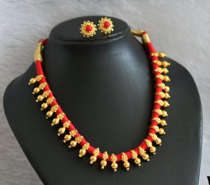 Gold tone red silk thread necklace set dj-47107