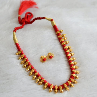 Gold tone red silk thread necklace set dj-47107