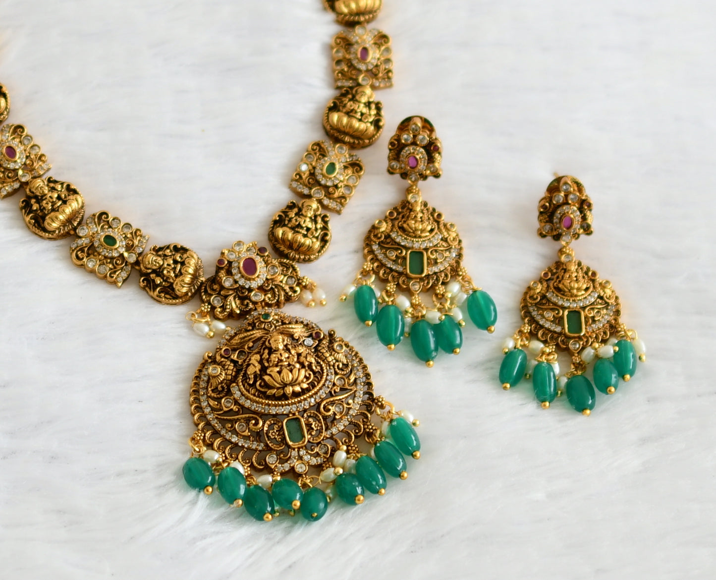 Antique gold tone ruby-green-white lakshmi green bead necklace set dj-50843
