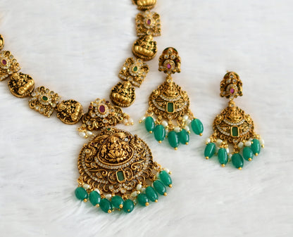 Antique gold tone ruby-green-white lakshmi green bead necklace set dj-50843
