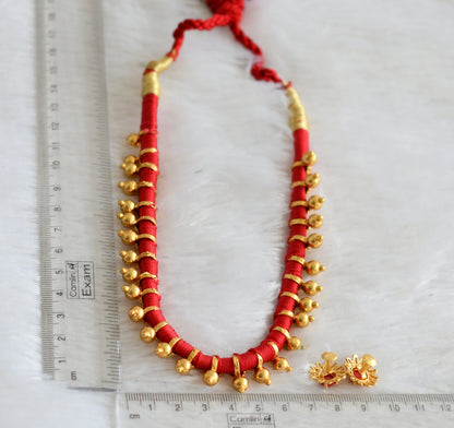 Gold tone red silk thread necklace set dj-47107