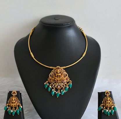 Antique gold tone cz kemp-green lakshmi peacock green bead hasli necklace set dj-50831