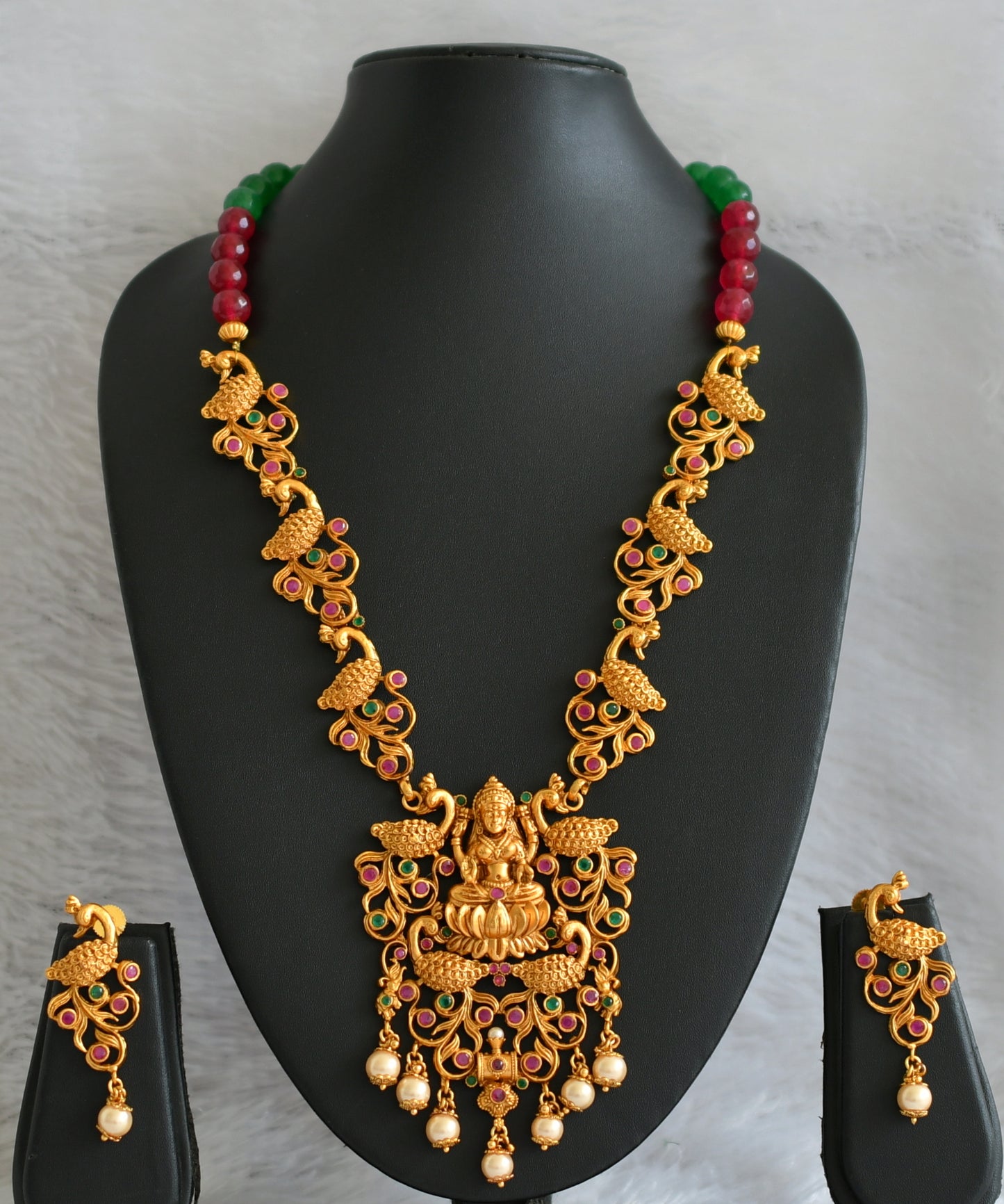 Matte finish ruby-green pearl beaded lakshmi peacock haar set dj-47112