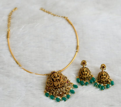 Antique gold tone cz kemp-green lakshmi peacock green bead hasli necklace set dj-50831