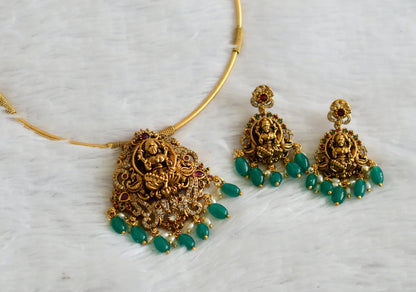 Antique gold tone cz kemp-green lakshmi peacock green bead hasli necklace set dj-50831