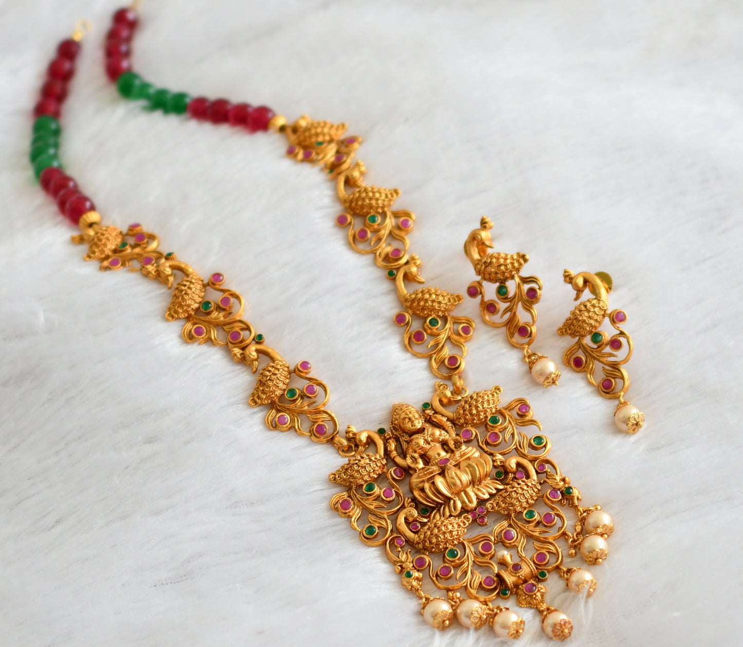 Matte finish ruby-green pearl beaded lakshmi peacock haar set dj-47112