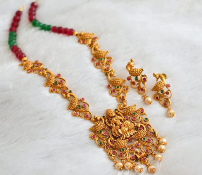 Matte finish ruby-green pearl beaded lakshmi peacock haar set dj-47112