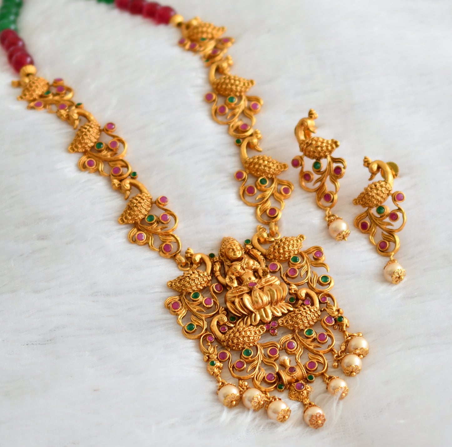 Matte finish ruby-green pearl beaded lakshmi peacock haar set dj-47112