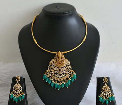 Antique gold tone kemp-white lakshmi green bead hasli necklace set dj-50834