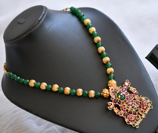 Matte finish green agate beaded kemp-green-white ganesha necklace dj-45415