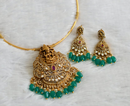 Antique gold tone kemp-white lakshmi green bead hasli necklace set dj-50834