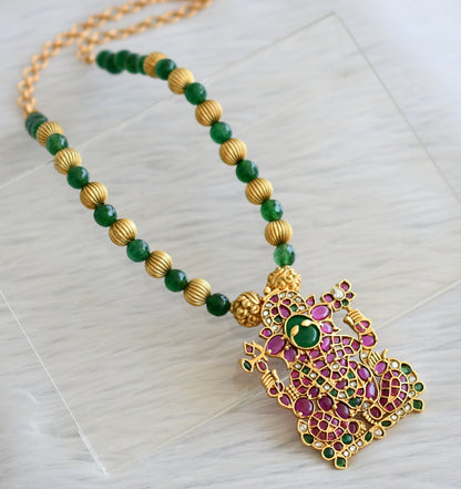 Matte finish green agate beaded kemp-green-white ganesha necklace dj-45415