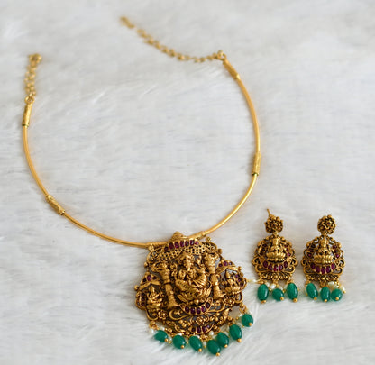 Antique gold tone kemp lakshmi ganesha green bead hasli necklace set dj-50833