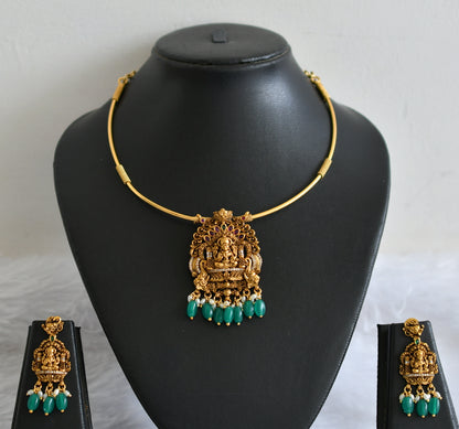 Antique gold tone kemp-green-white lakshmi green bead hasli necklace set dj-50832