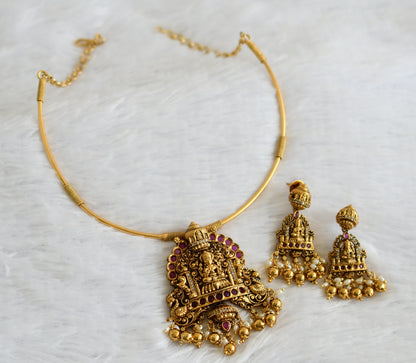 Antique gold tone cz kemp stone lakshmi peacock hasli necklace set dj-50830
