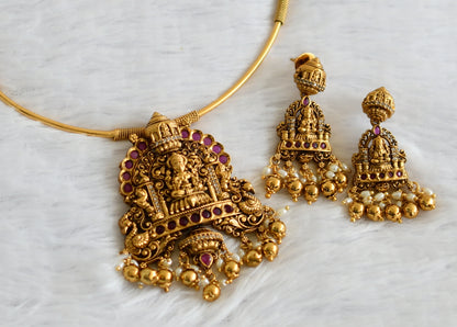 Antique gold tone cz kemp stone lakshmi peacock hasli necklace set dj-50830