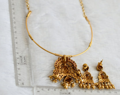 Antique gold tone cz kemp stone lakshmi peacock hasli necklace set dj-50830